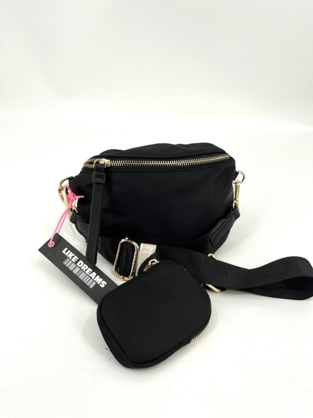 Like Dreams Convertible Bum Bag Black Nylon Zip Gold Hardware Detachable Pouch